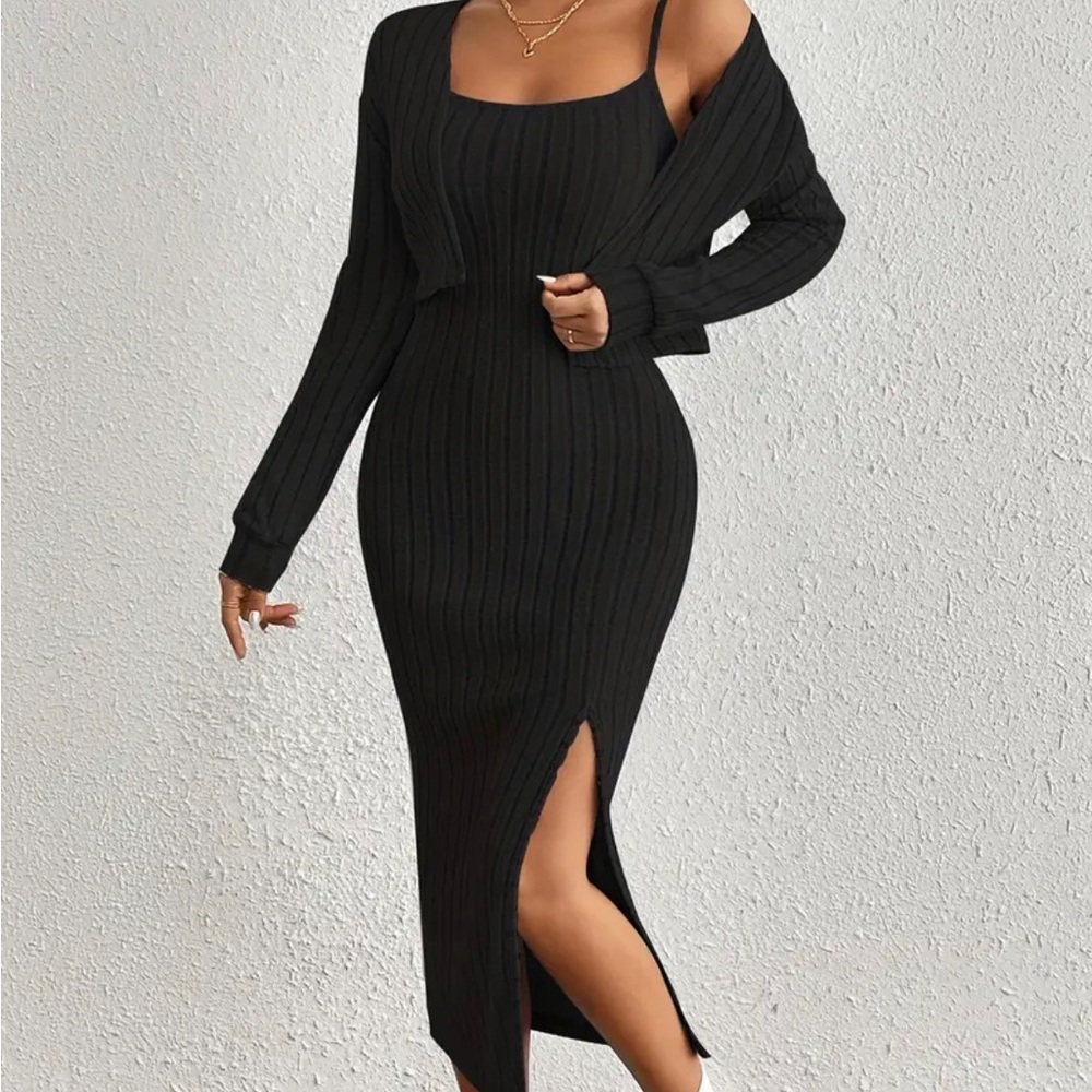 Maxi dress with side slit and cardigan coordinating set